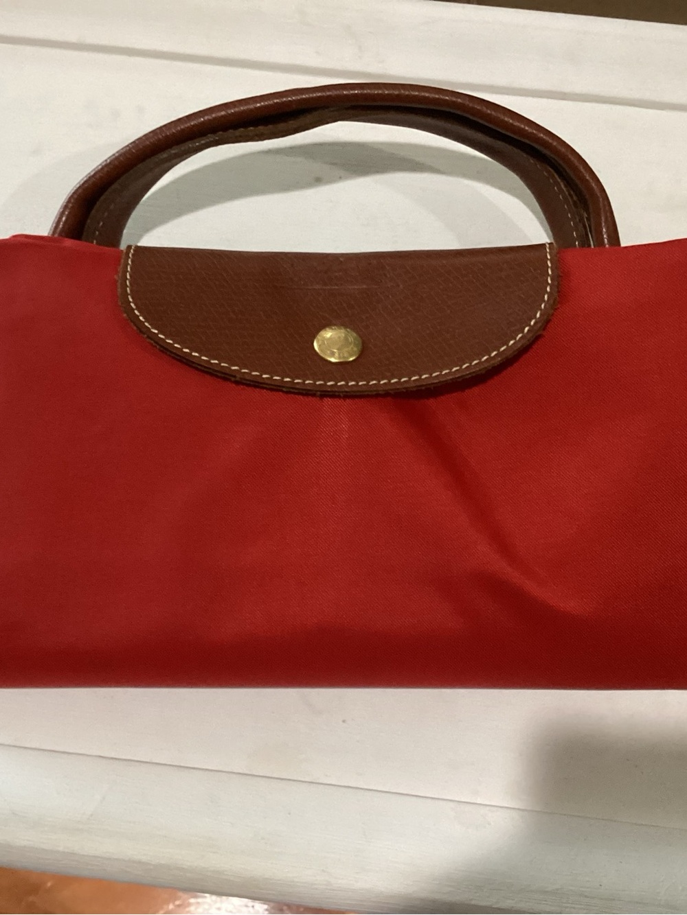 Red Tote with Brown Leather Trim and Top Handle - Longchamp Style